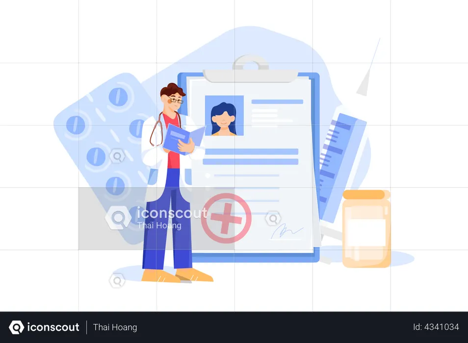 Médico verificando o relatório do paciente  Ilustração