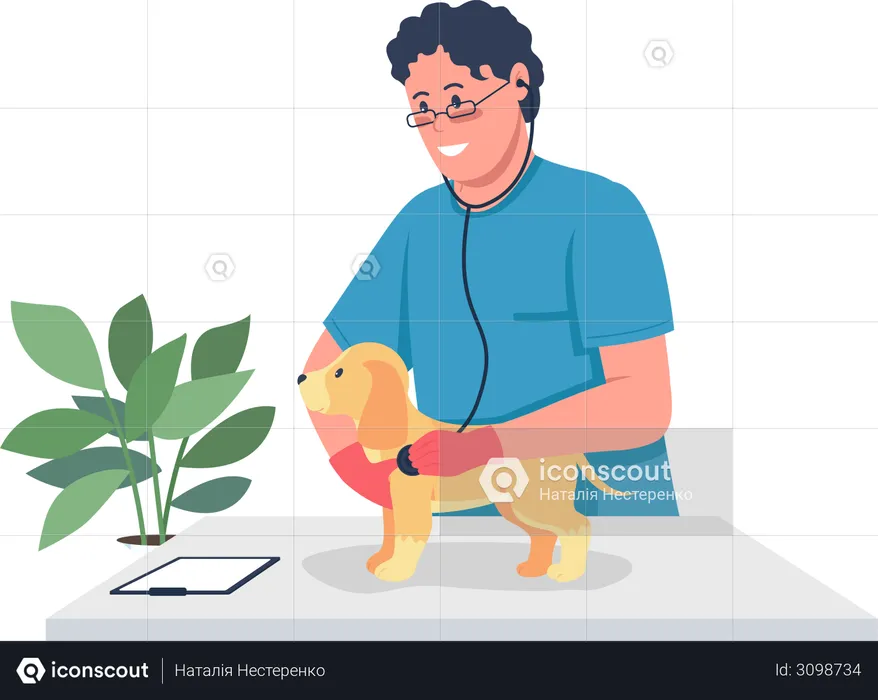 Médico veterinário segurando cachorrinho  Ilustração