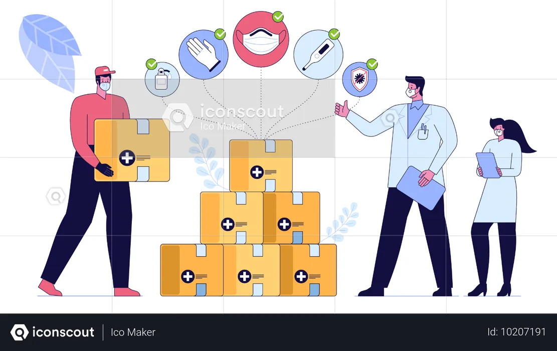 Médico y enfermera mostrando una caja de medicamentos para donación.  Ilustración