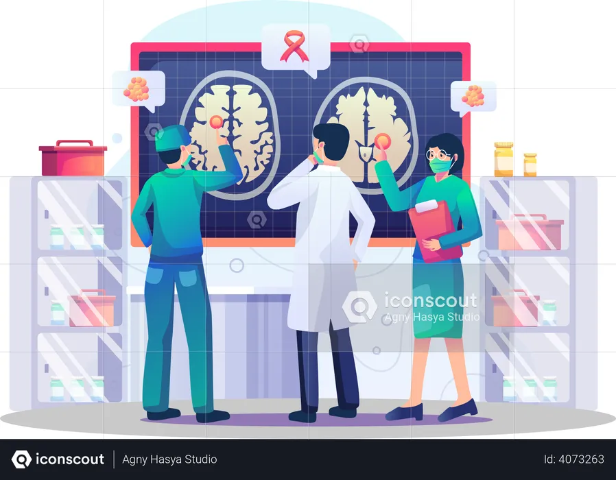 Médicos analisando cérebro em busca de tumores ou problemas em laboratório  Ilustração