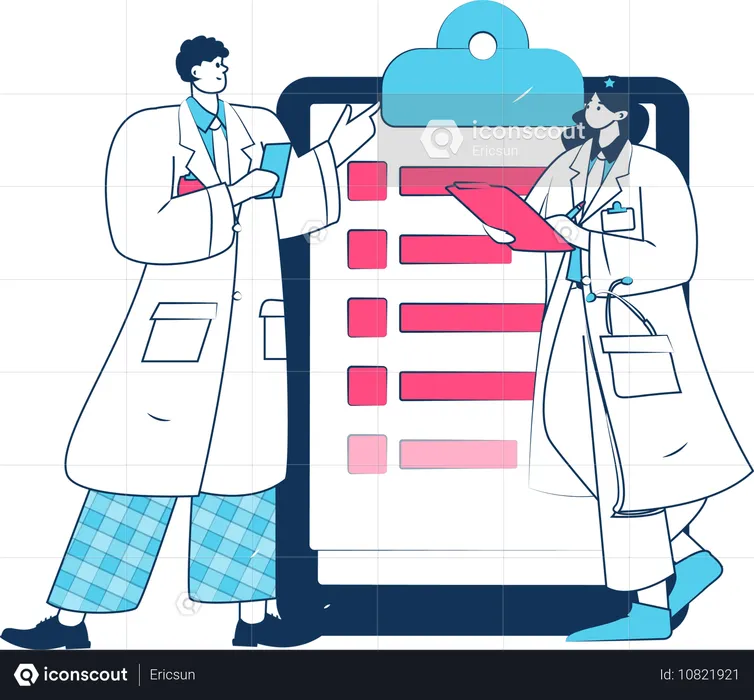 Médicos discutindo sobre relatório médico  Ilustração