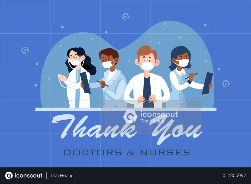 Médicos y enfermeras que trabajan en el tratamiento de corona  Ilustración