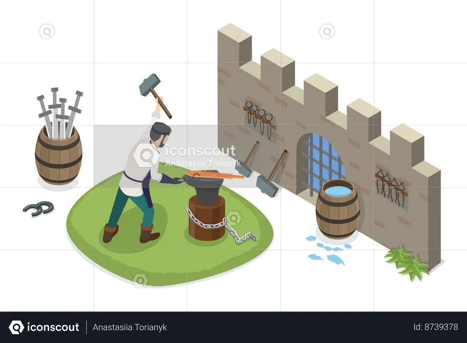 Medieval Blacksmith and Creating Weapons  Illustration