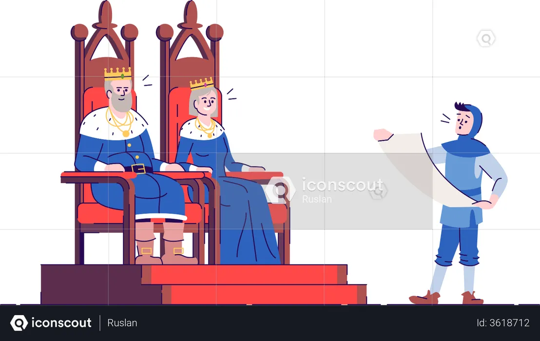 Medieval kingdom rulers on thrones with royal messenger  Illustration
