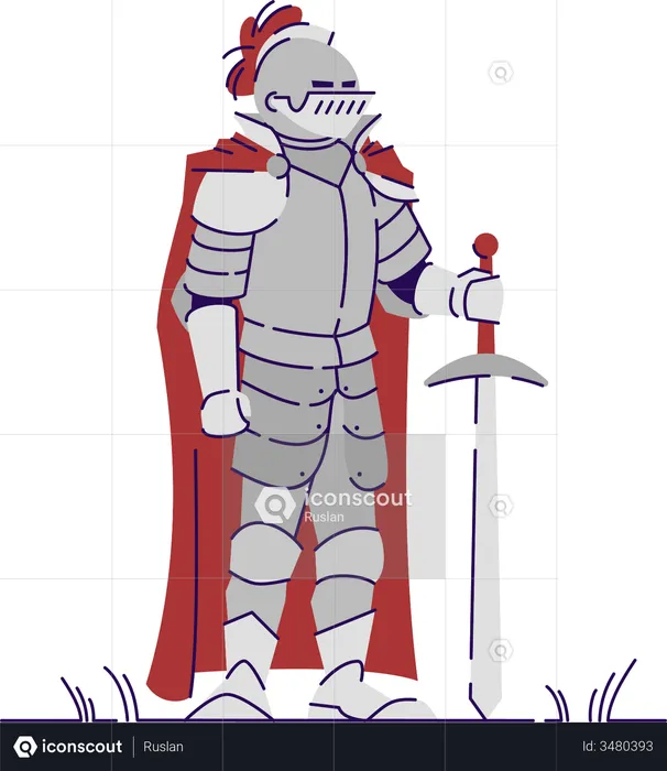 Medieval knight in heavy metal armor  Illustration