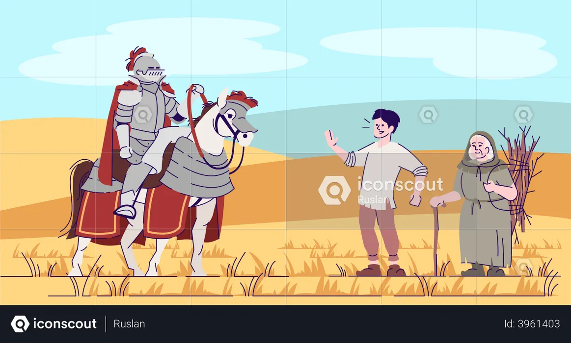 Medieval knight on horse with farmers  Illustration