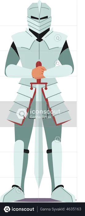 Medieval Knight Wear Armor and Helmet Hold Sword in Hands. Royal Defender, Crusader, Ancient Soldier, Historical Fighter  Illustration