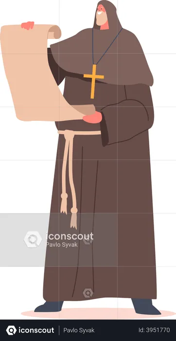 Medieval Monk with Old Parchment in Hands  Illustration