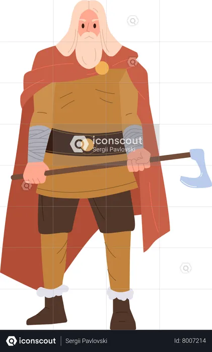 Medieval nordic soldier wearing traditional armor costume and holding military axe  Illustration