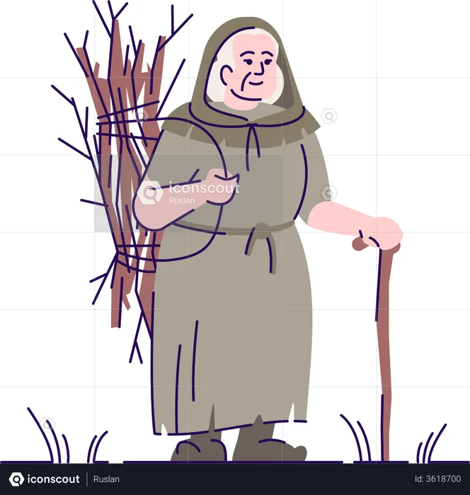 Medieval old lady with brushwood  Illustration