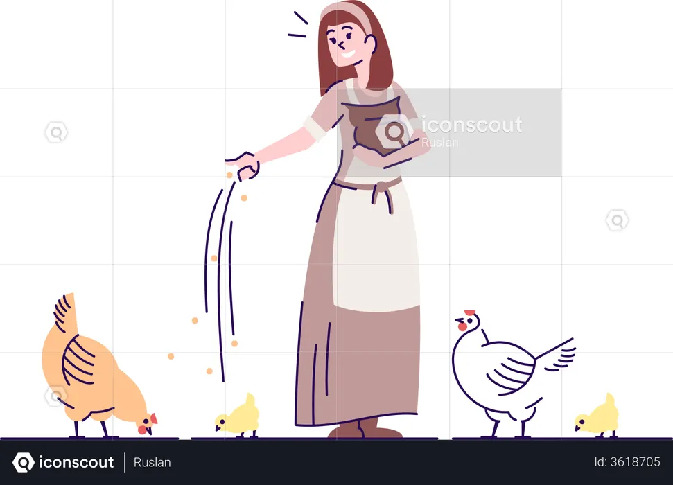 Medieval peasant girl feeding fowl  Illustration