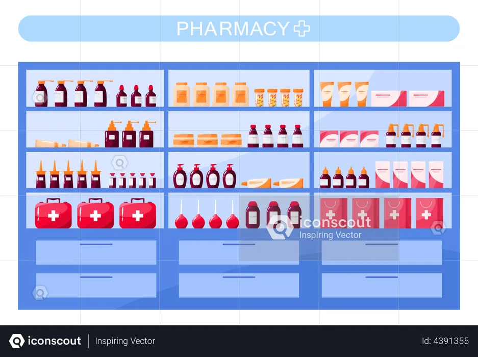 Medikamente in der Apotheke ausgestellt  Illustration