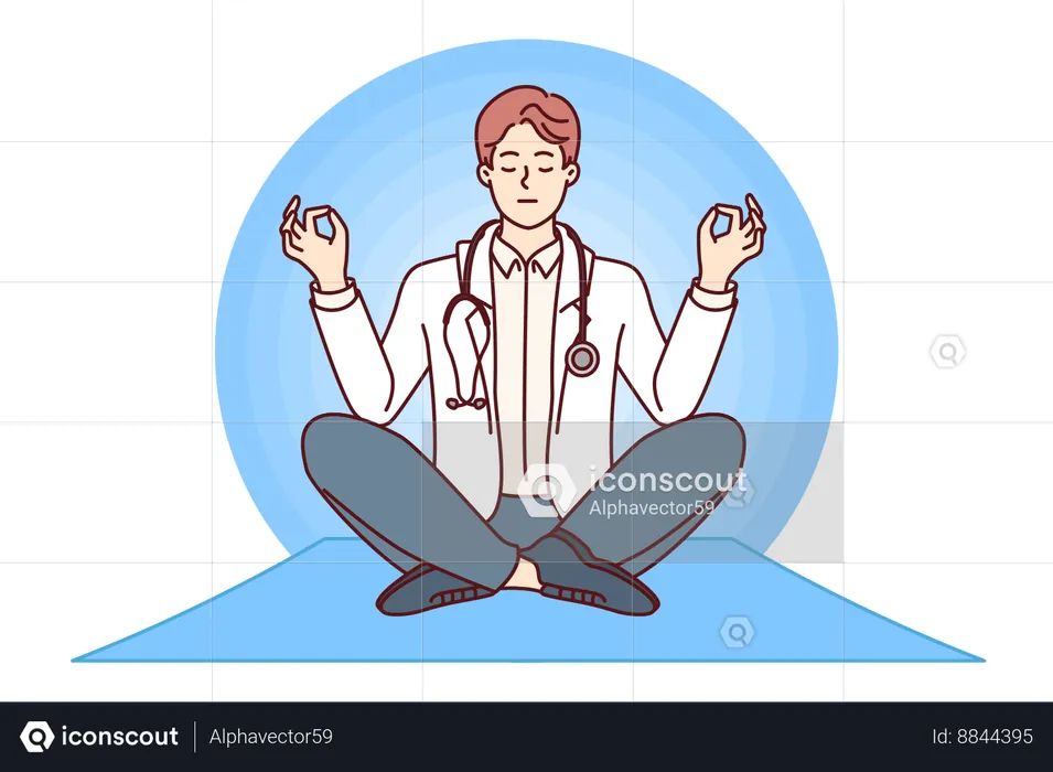 Meditating male doctor sitting in lotus position and taking break to practice stress-relieving yoga  Illustration