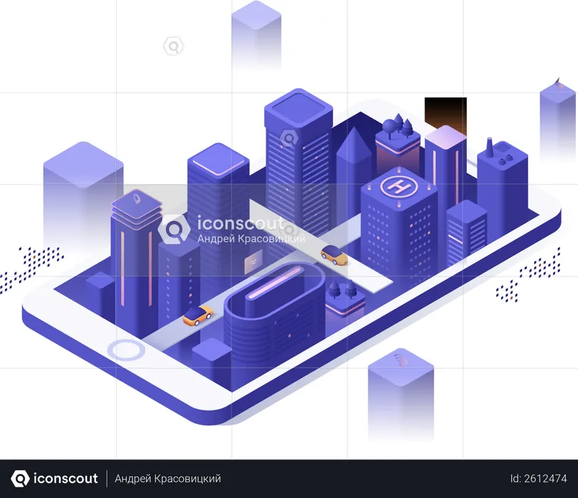 Megalópolis futurista por la noche, edificios brillantes y rascacielos en la pantalla del teléfono inteligente  Ilustración