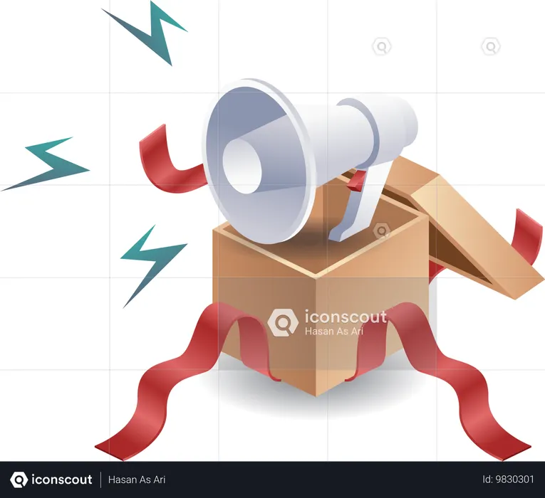 Megaphone Emerging from Cardboard Box  Illustration