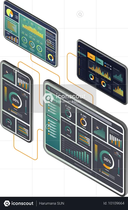 Mehrere Bildschirme zeigen verschiedene Grafiken und Diagramme zur Datenanalyse  Illustration