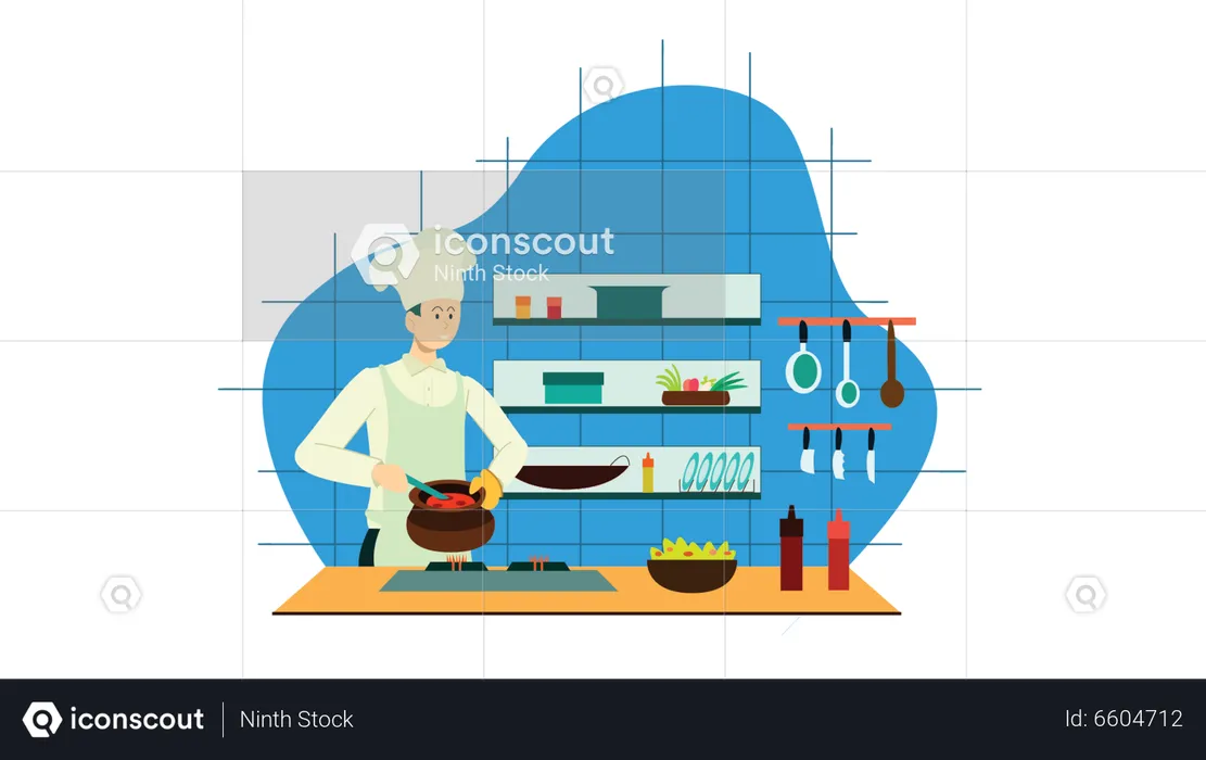 Meisterkoch kocht Essen in der Küche  Illustration