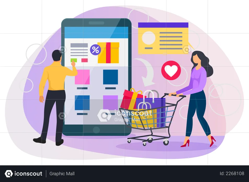 Men and woman adding discounted products in cart  Illustration