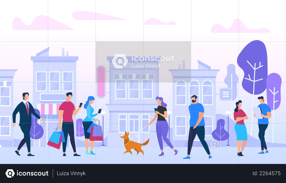 Men and Woman Walking in City using social media on smartphone  Illustration