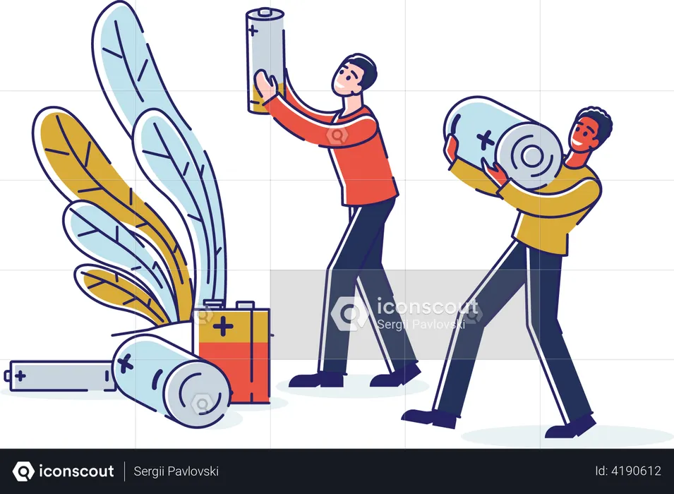 Men Collect Used Batteries and Sorting Waste  Illustration