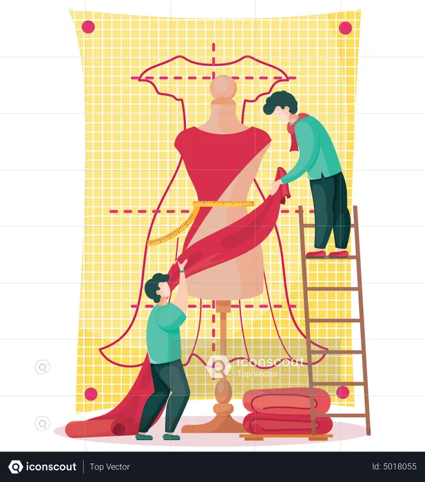 Men decorating mannequin dummy with dress  Illustration