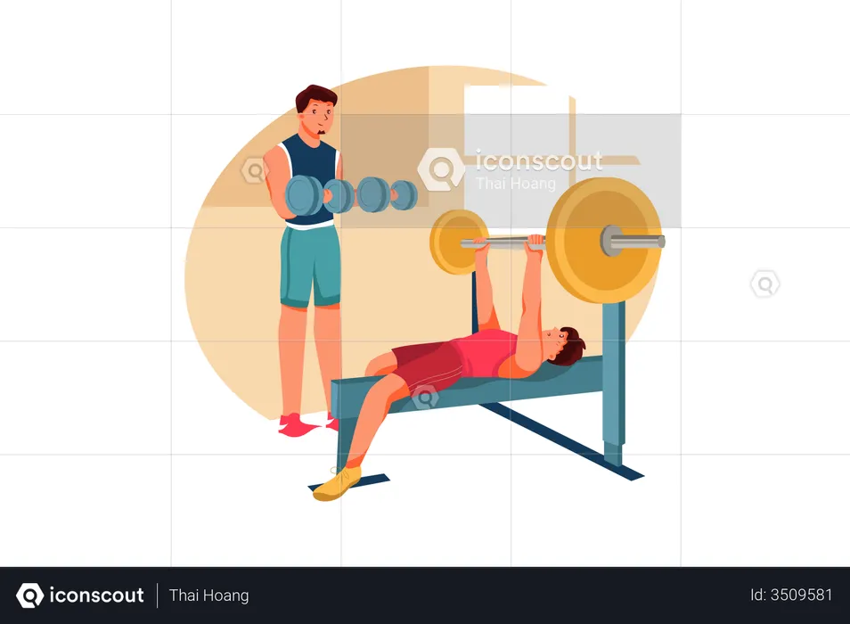 Men lifting weight using dumbbell and weight bench  Illustration