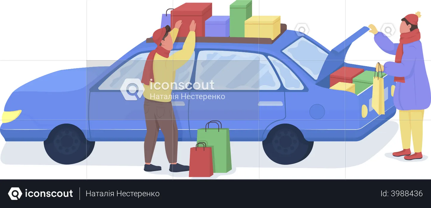 Men loading bags on car  Illustration
