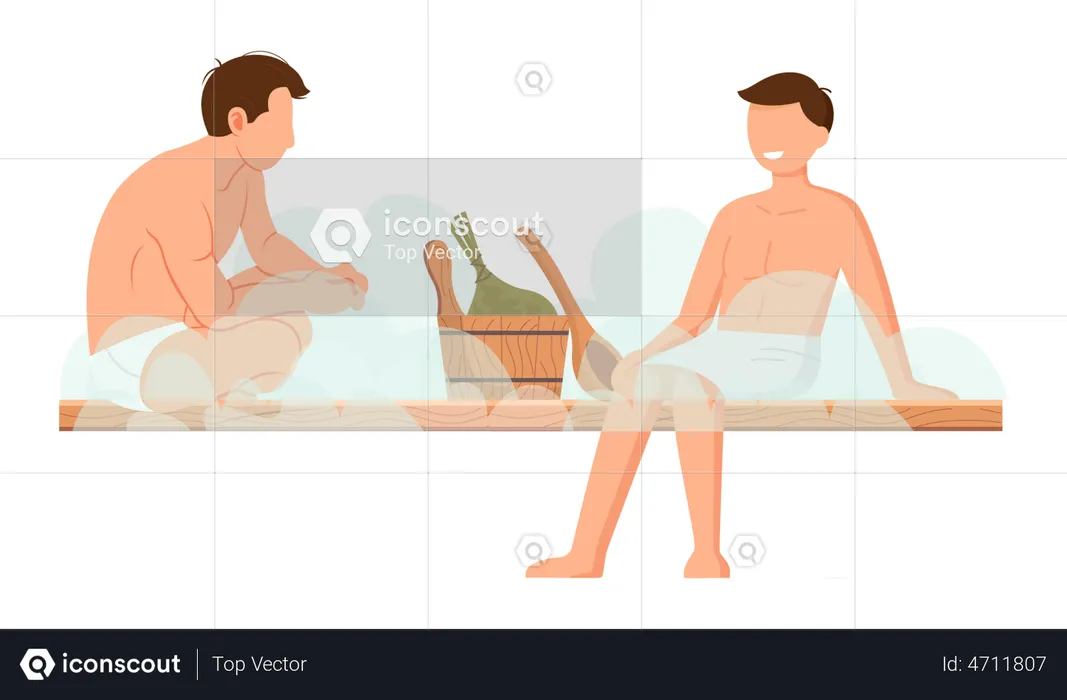 Men relaxing in sauna room  Illustration