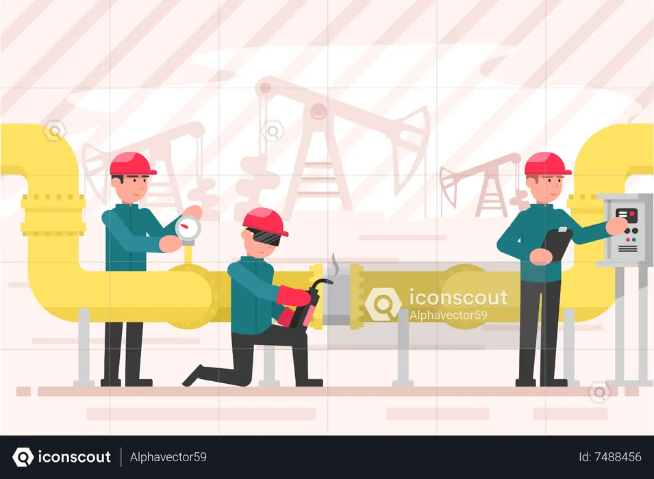 Men repairing pipeline in industry  Illustration