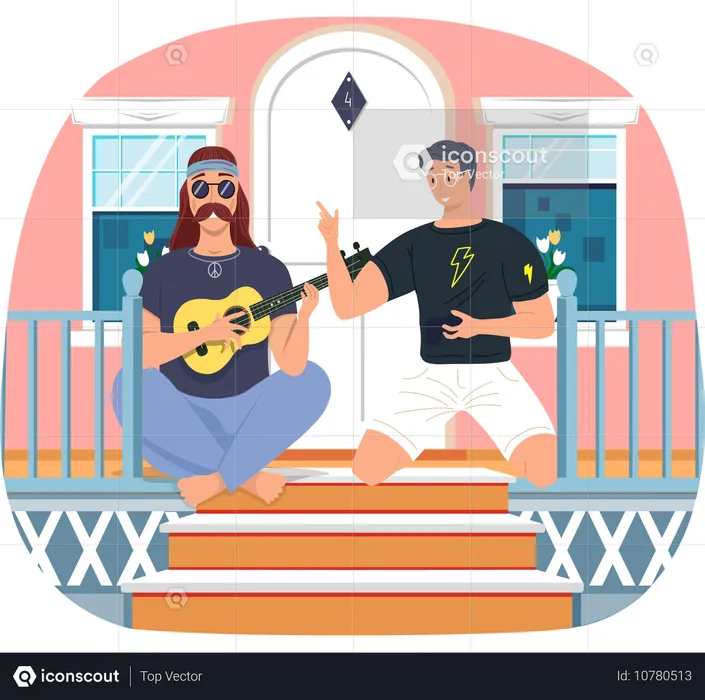 Men sing together on doorstep of their house  Illustration