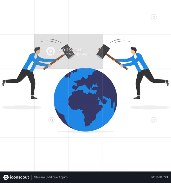 Men with hammers breaking Earth  Illustration
