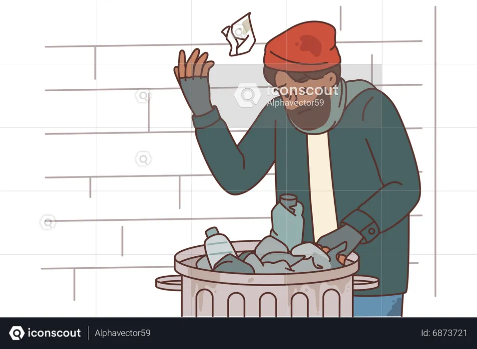 Mendigo encontrando comida en el cubo de la basura  Ilustración
