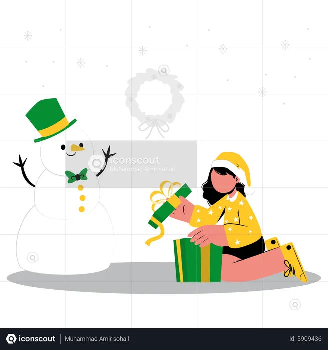 Garota abrindo presente de natal perto de boneco de neve  Ilustração