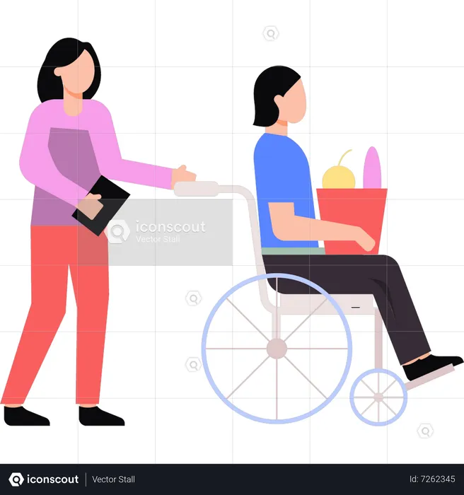 Menina ajudando menina deficiente em cadeira de rodas  Ilustração