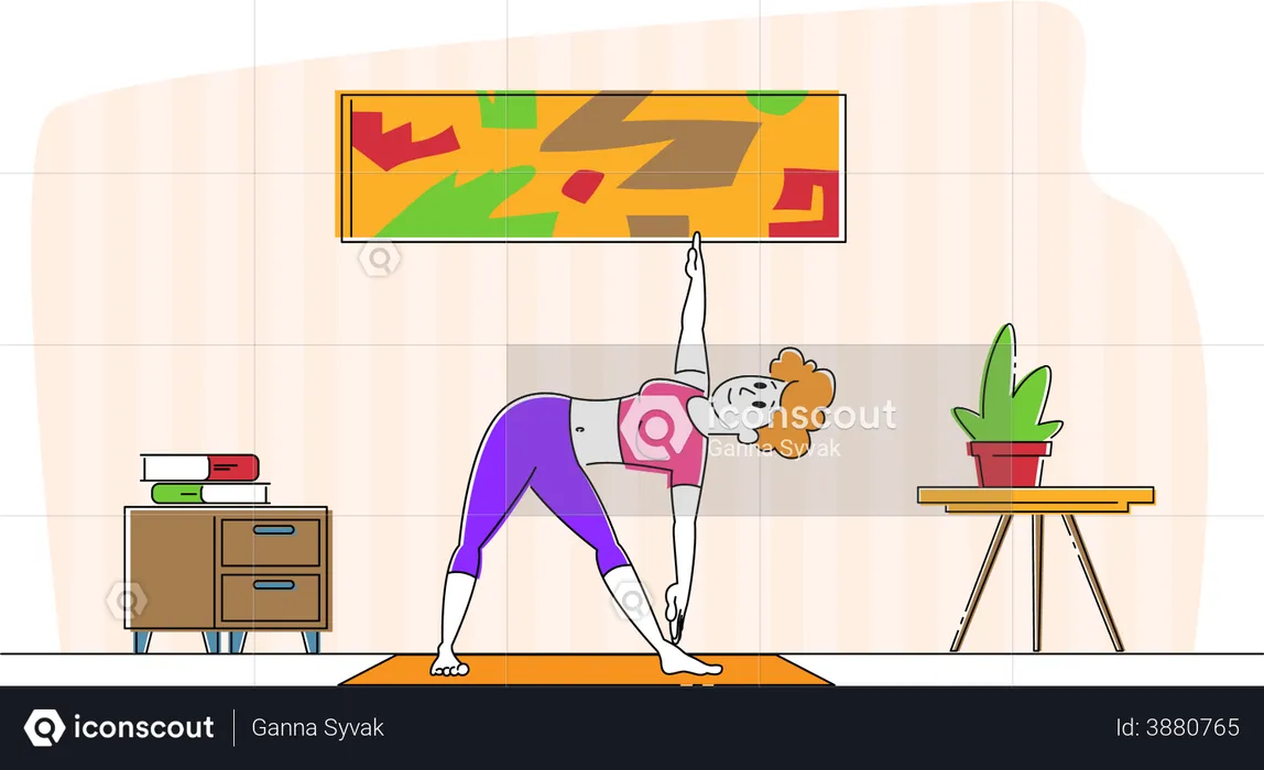 Menina se alongando em casa  Ilustração