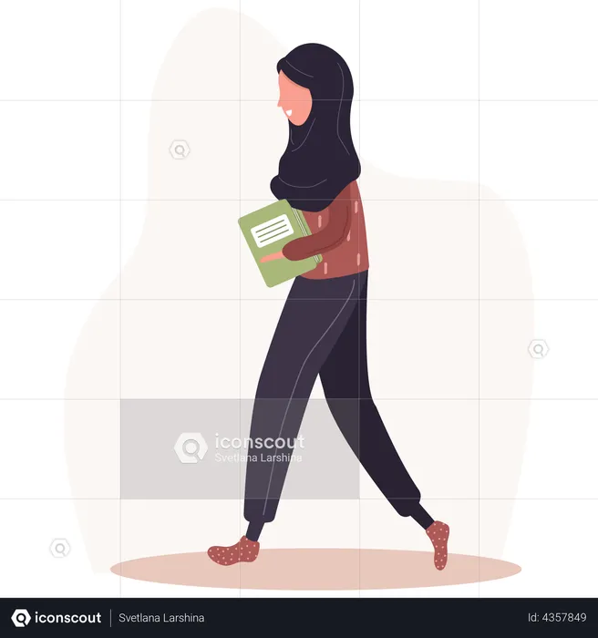 Menina andando com um livro na mão  Ilustração