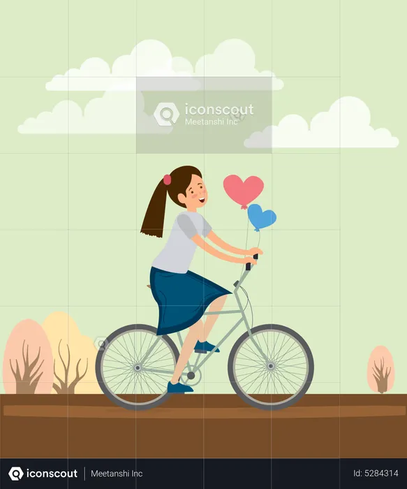 Menina andando de bicicleta com balão  Ilustração