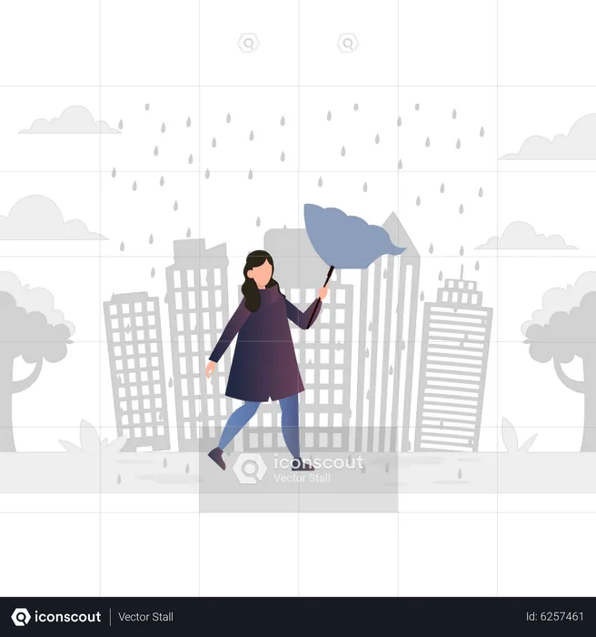 Menina andando na chuva com guarda-chuva  Ilustração