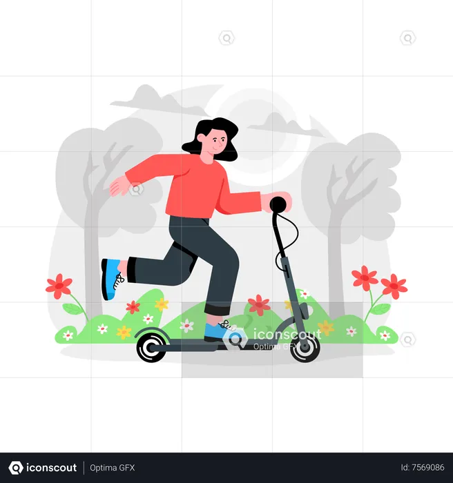Garota andando de scooter na temporada de primavera  Ilustração