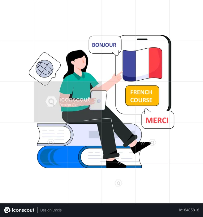 Menina aprendendo francês no curso on-line  Ilustração