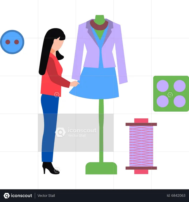 Garota arrumando roupas no manequim  Ilustração