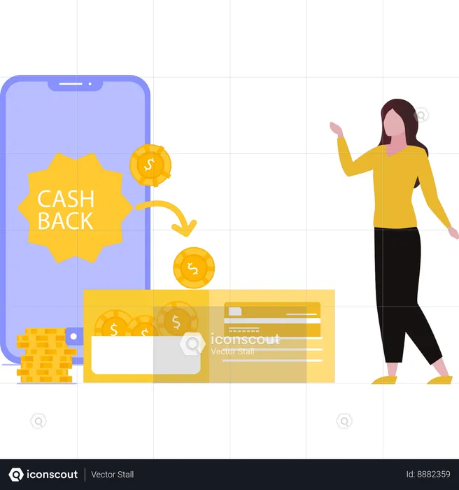 Garota assistindo promoção de cashback no smartphone  Ilustração