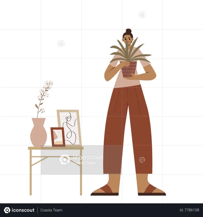 Boho Girl segurando um pequeno vaso de planta  Ilustração