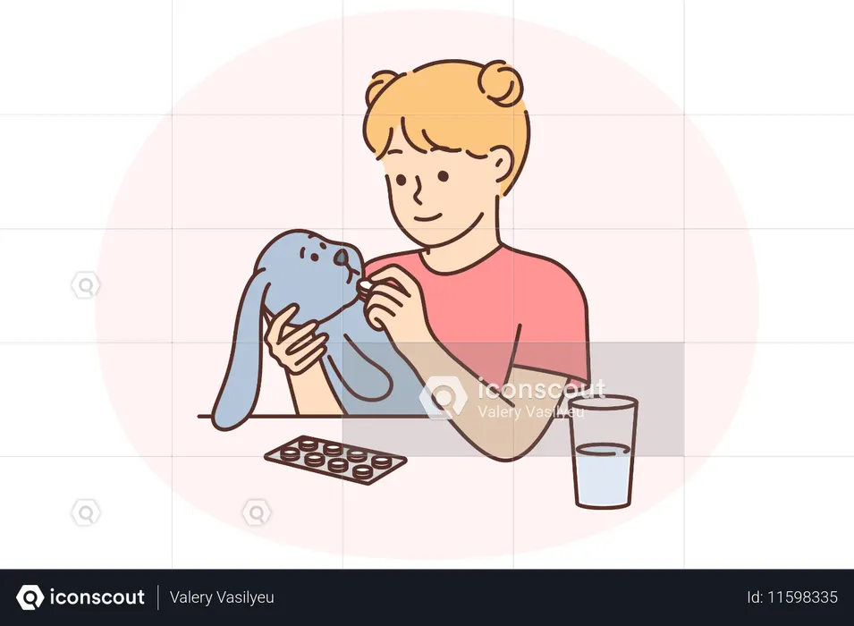 Menina brinca de veterinária dando pílula de pelúcia para curar doença  Ilustração