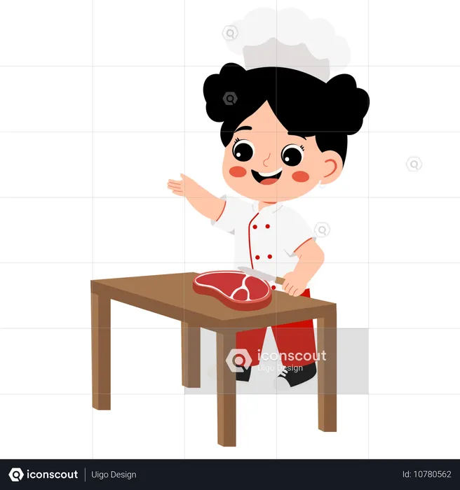 Menina Chef corta CARNE  Ilustração