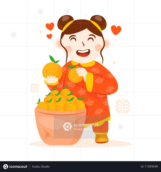 Menina chinesa com laranja da fortuna  Ilustração