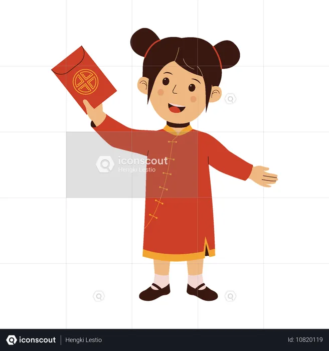 Menina chinesa fofa segurando um envelope vermelho Angpao  Ilustração