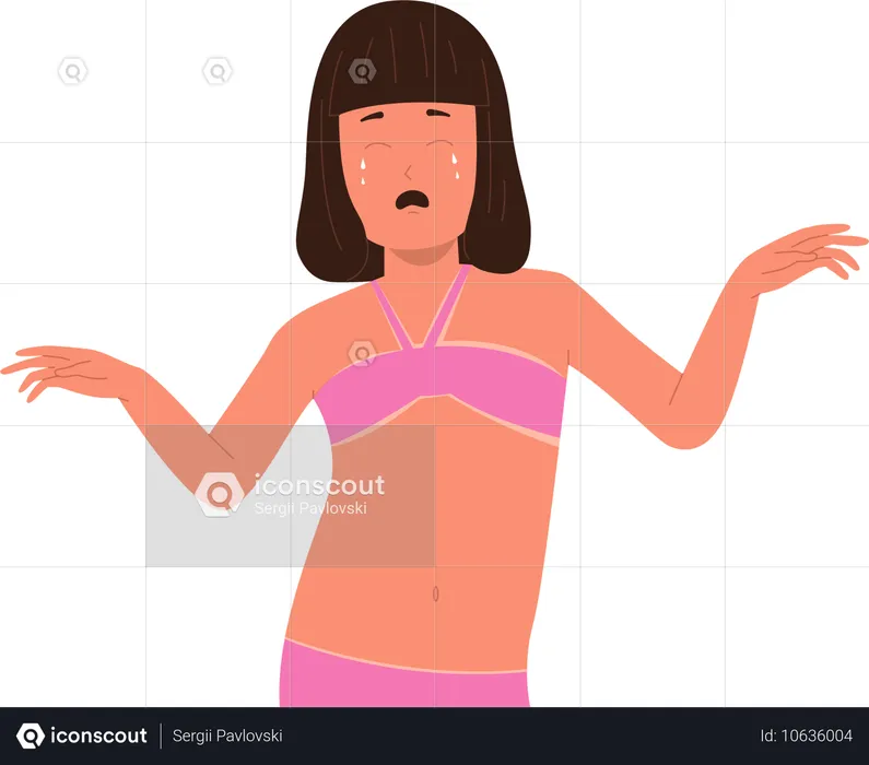 Menina chorando com a pele danificada após tomar sol no sol quente do verão  Ilustração