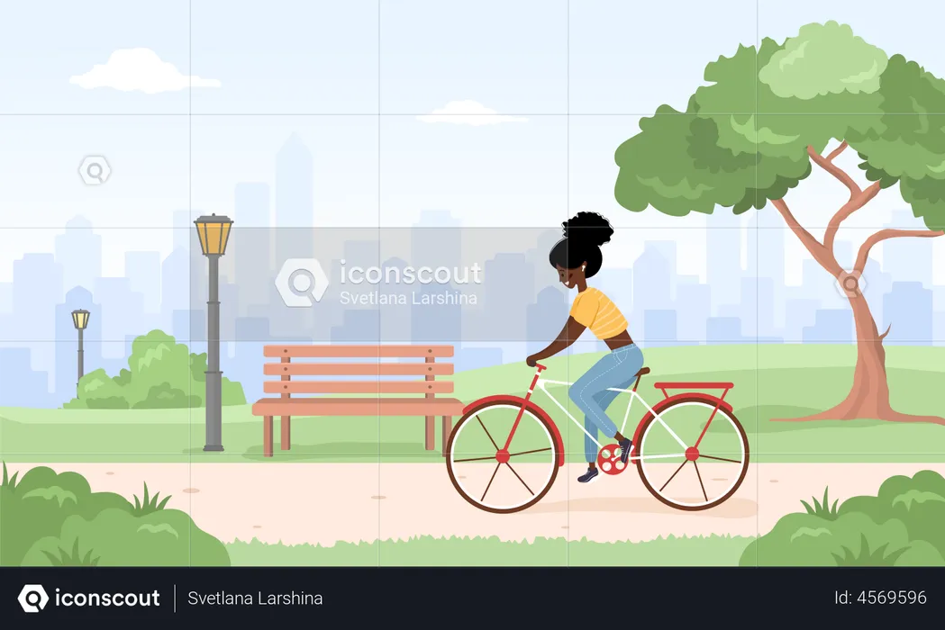 Garota andando de bicicleta no parque  Ilustração