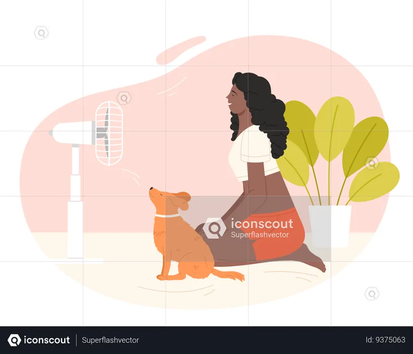 Menina com animal de estimação esfriando no ventilador elétrico soprando  Ilustração